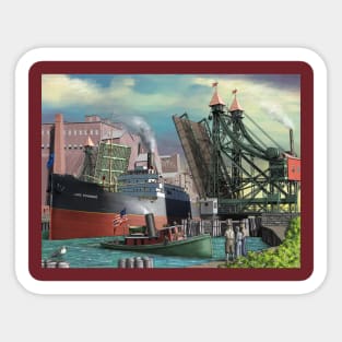 Lake Freighter Passing Through Buffalo Jackknife Bridge Sticker